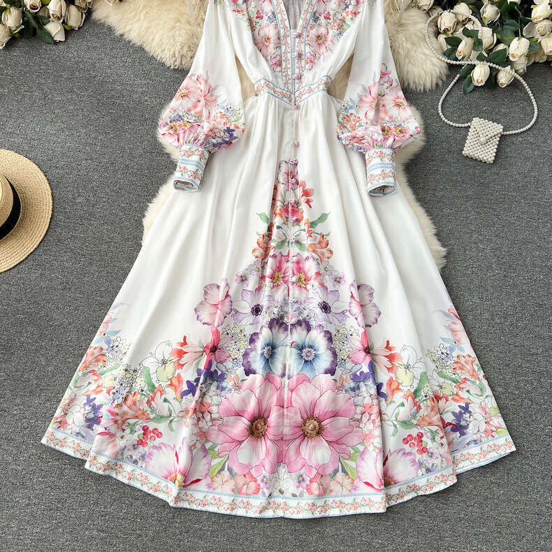 Early Spring New French Printed Button Slim Fit Long Fashionable Bubble Sleeves with Elegant Dress Sexy Loose Bifurcated Novelty Waist Oversize Dress
