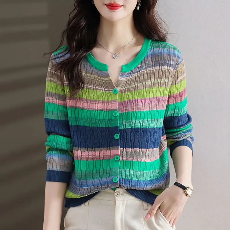 Fashion Women Clothing Colorful Striped Cardigan Sweater Spring Autumn Korean Versatile Casual Long Sleeve Knitted Coats 240712