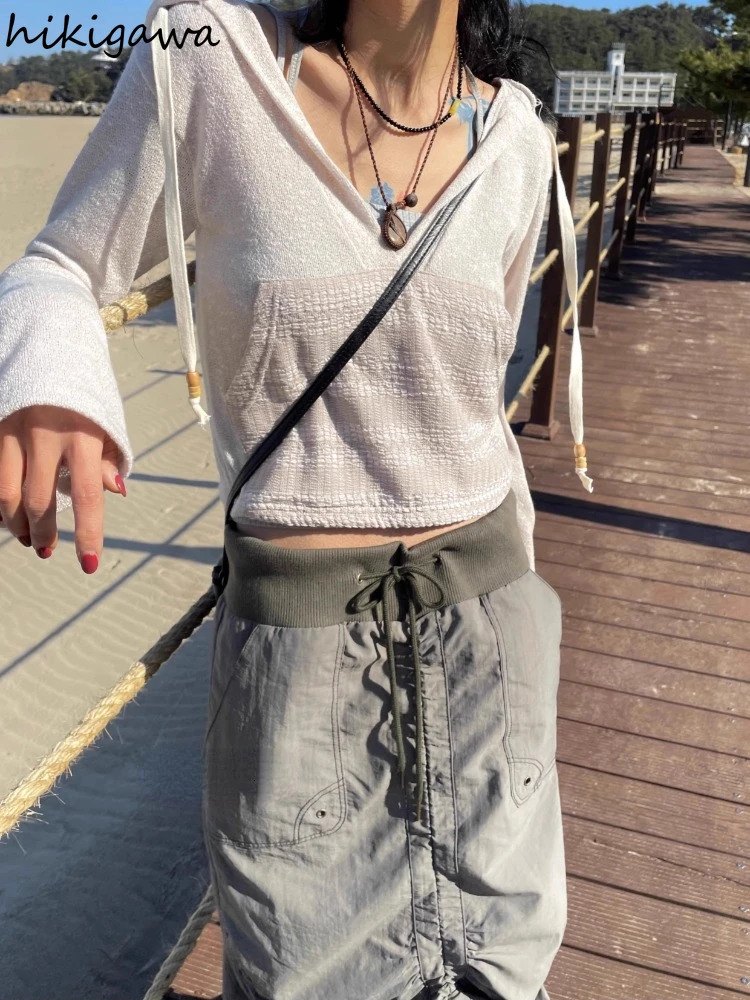 Knitted T Shirts Women Clothes Patchwork Print Hooded Long Sleeve Crop Tops Ropa Mujer Casual Fashion Vintage Korean Tshirt 240715
