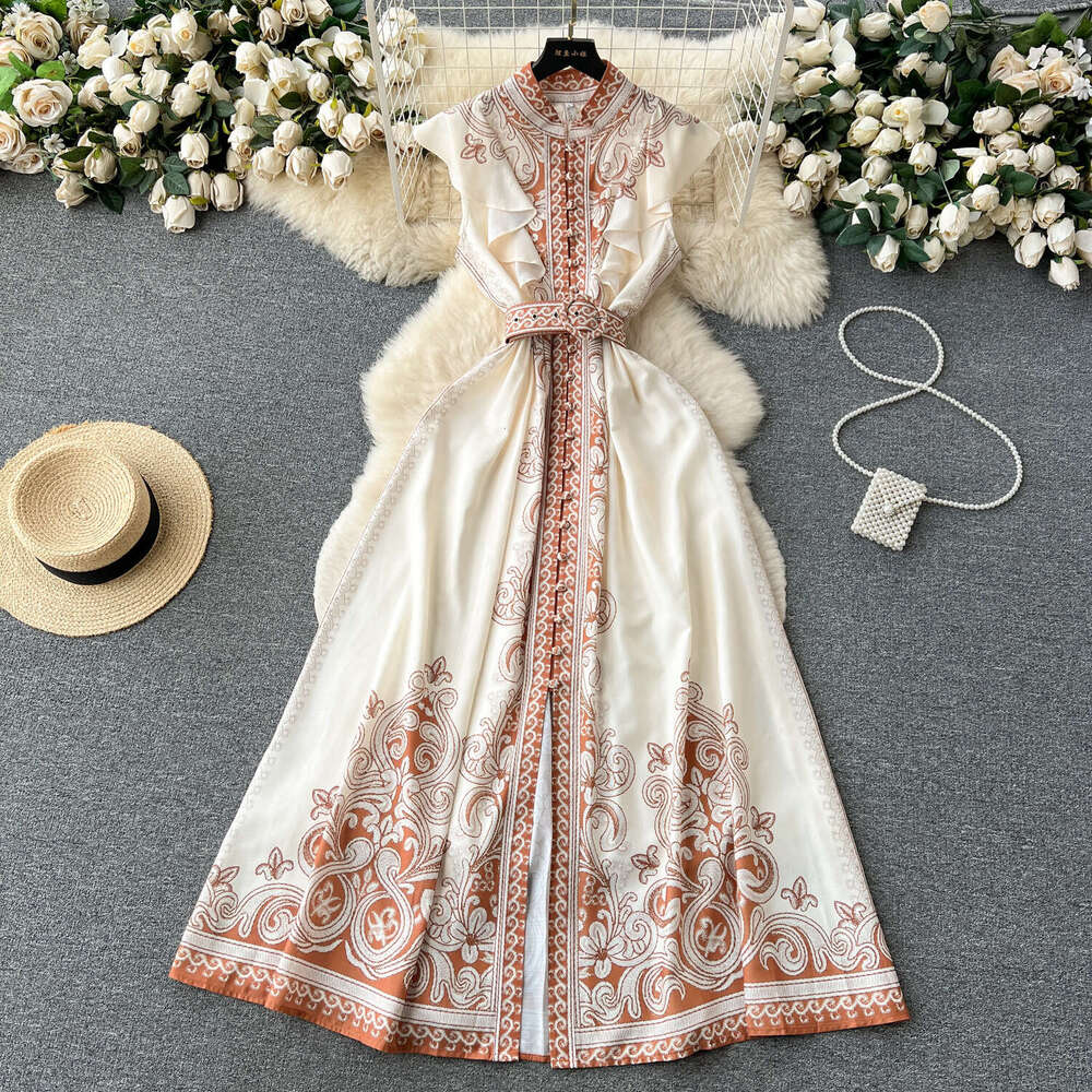 Palace Style Single Breasted Stand Up Collar Printed Dress for Women with Elegant Waistband and Large Swing Skirt Loose Short Pregnant Womens Dress