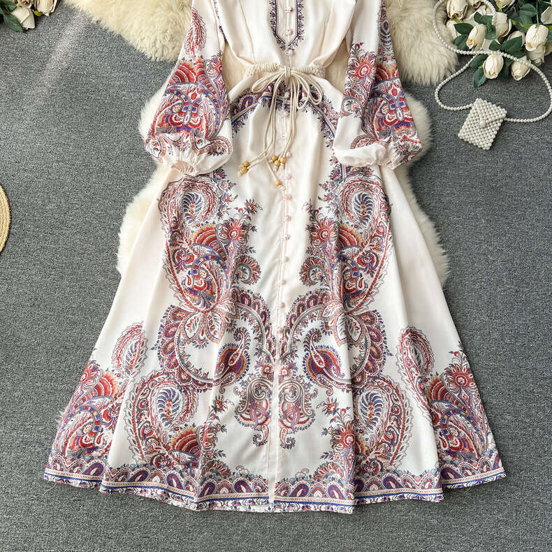 French Palace Style Design with Printed Slim Fit Long Bubble Sleeves, High-end and Exquisite Dress Self-cultivation Novelty Short High Waist Dress