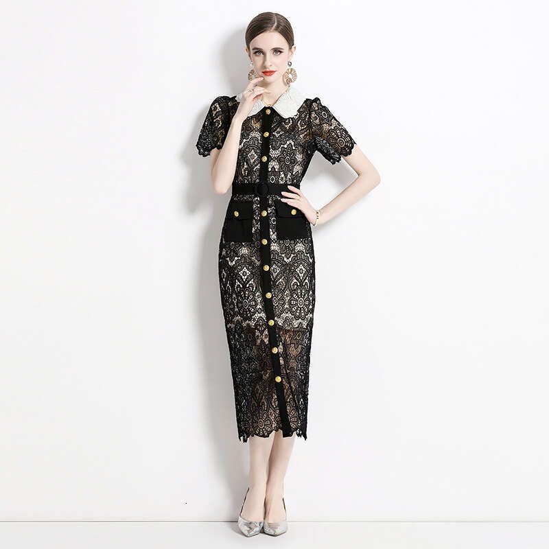 French Tea Break, Hepburn Style, Sexy and Scheming Doll Neck, Short Sleeved Lace Dress, Slim Fit, Medium Length, Buttocks Wrapped Skirt Lace Dress SKI