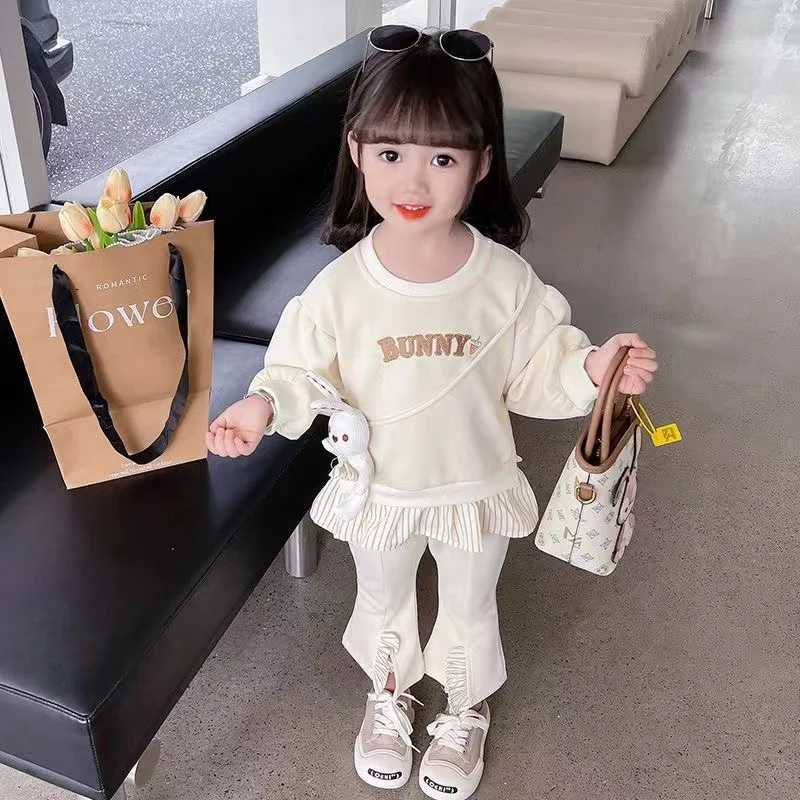 Clothing Sets Girls Spring and Autumn Fashion Western Long sleeved Set New Little Girl Pure Cotton Sweater Flare Pants Casual Two Piece Set