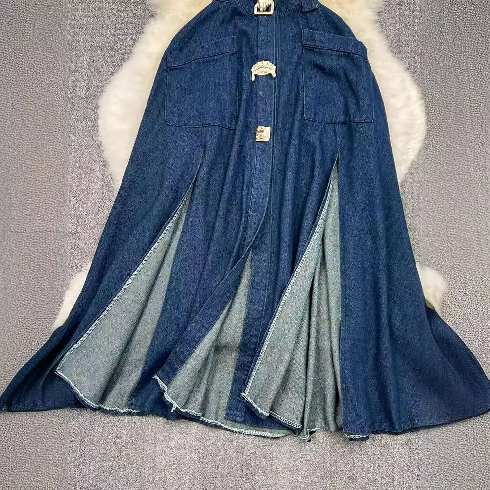Flip Collar, Hollowed Out, Exposed Waist, Waistband, Slimming Effect, Sleeveless Single Breasted A-line Split Denim Dress, Casual Long Dress BOHO DRES
