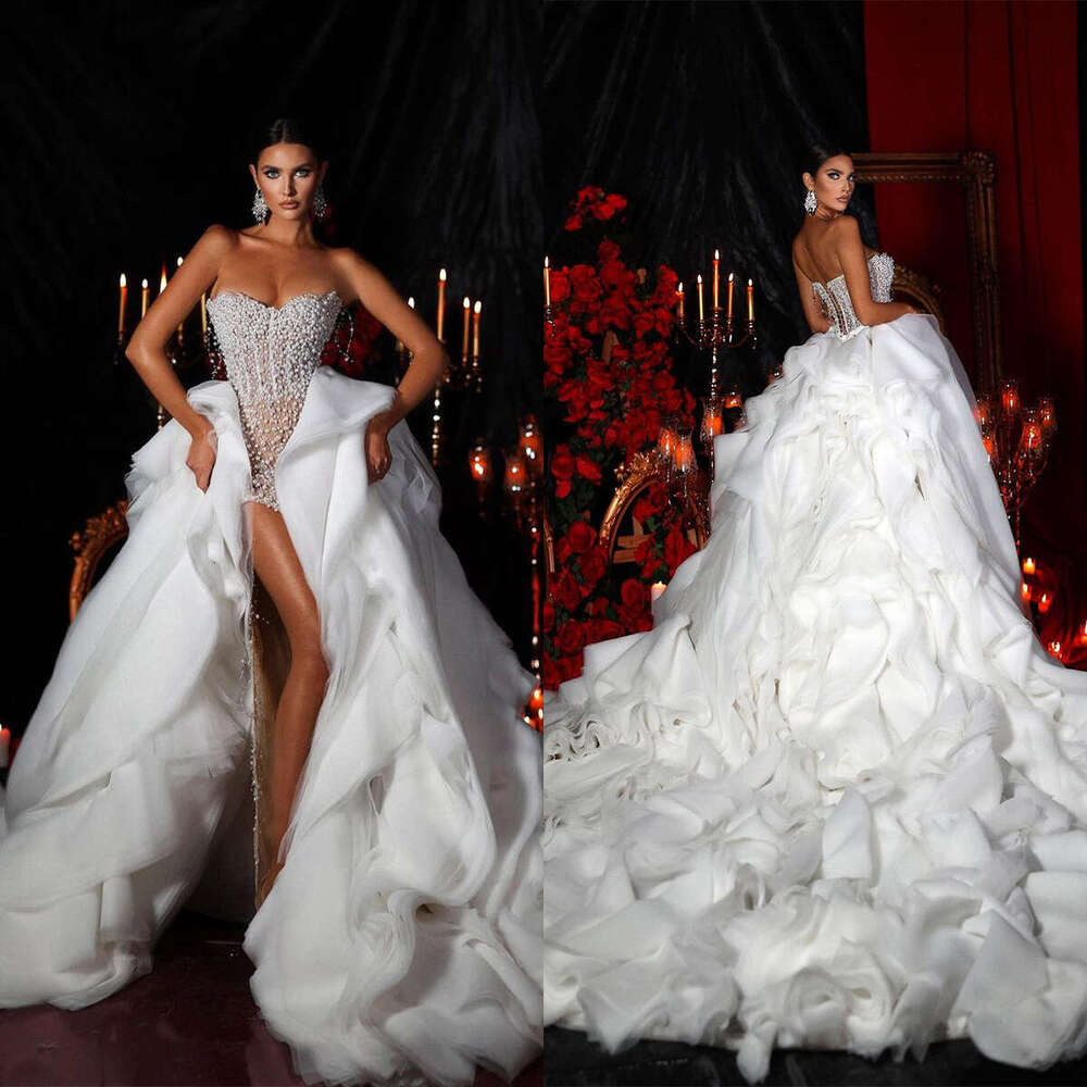 Urious Pearls Wedding Dresses Beaded Side Split Bridal Gowns Custom Made Sweetheart Detachable Train Ruffles Vestido De Novia 0227Lz