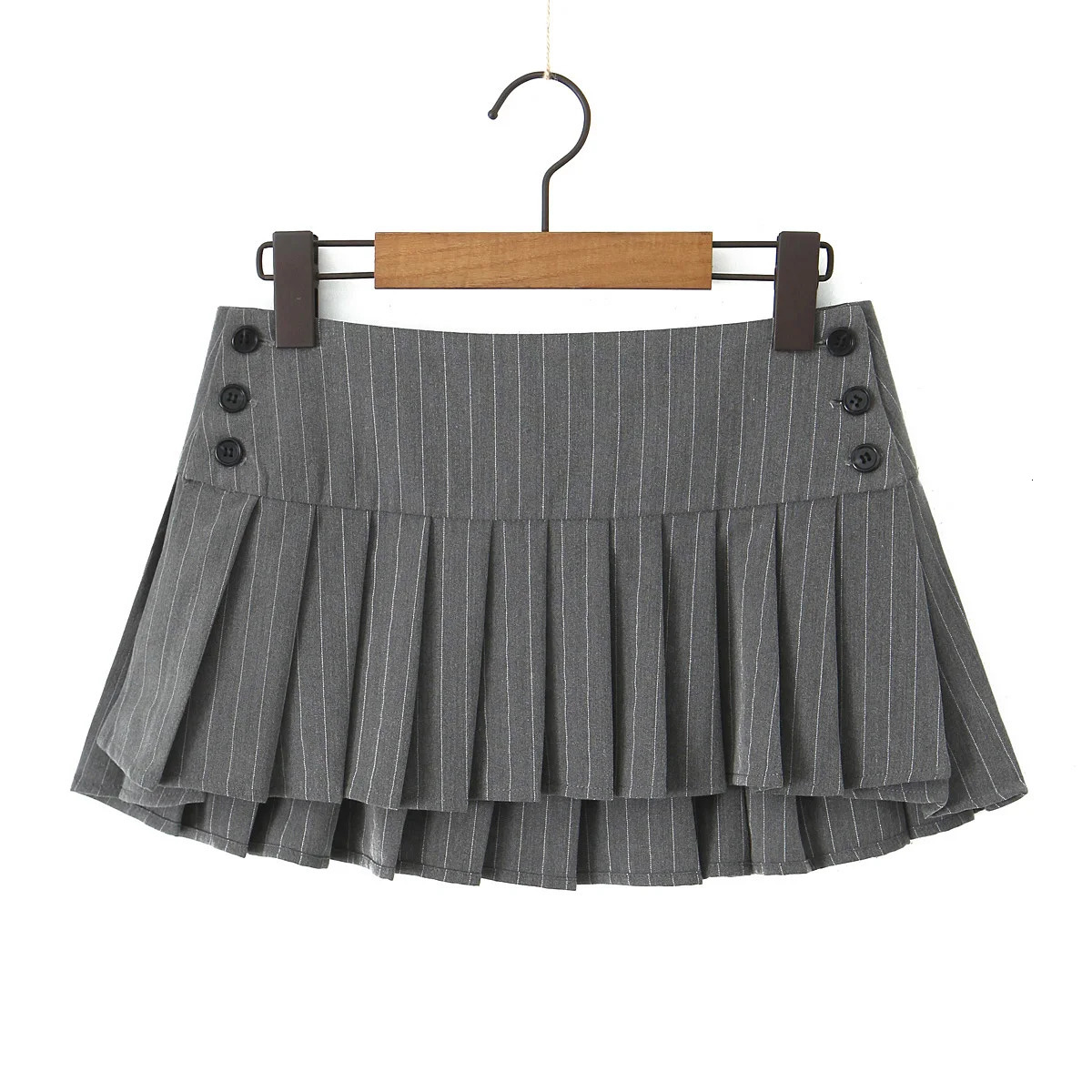 Y2K Grey Striped Print Side 3 Buttons Pleated Mini Skirt Sexy Low Waist Short Skater Skirts 240710