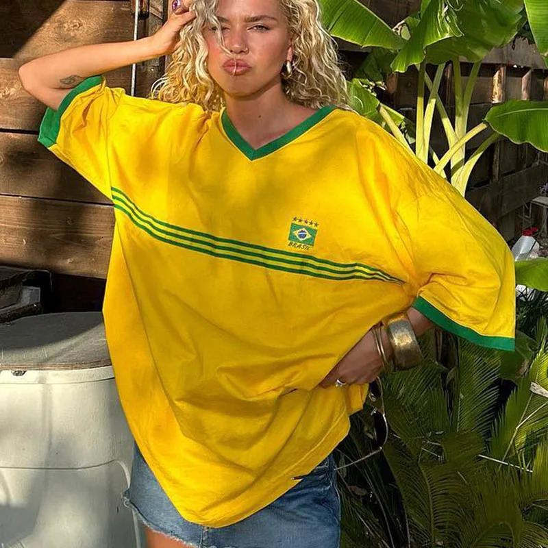 Summer Women Brazil Embroidery Yellow Tshirt Casual Loose Medium And Long Sleeves Y2k Clothing Tops Oversized T-shirt Beach Tees 240716