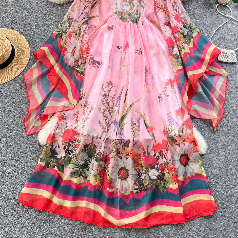 Spring and Autumn Fashion Palace Round Neck Horn Sleeve Lazy Loose Printed Western Style Long Dress Chiffon Floral Dress Sexy Waist Silk Dress