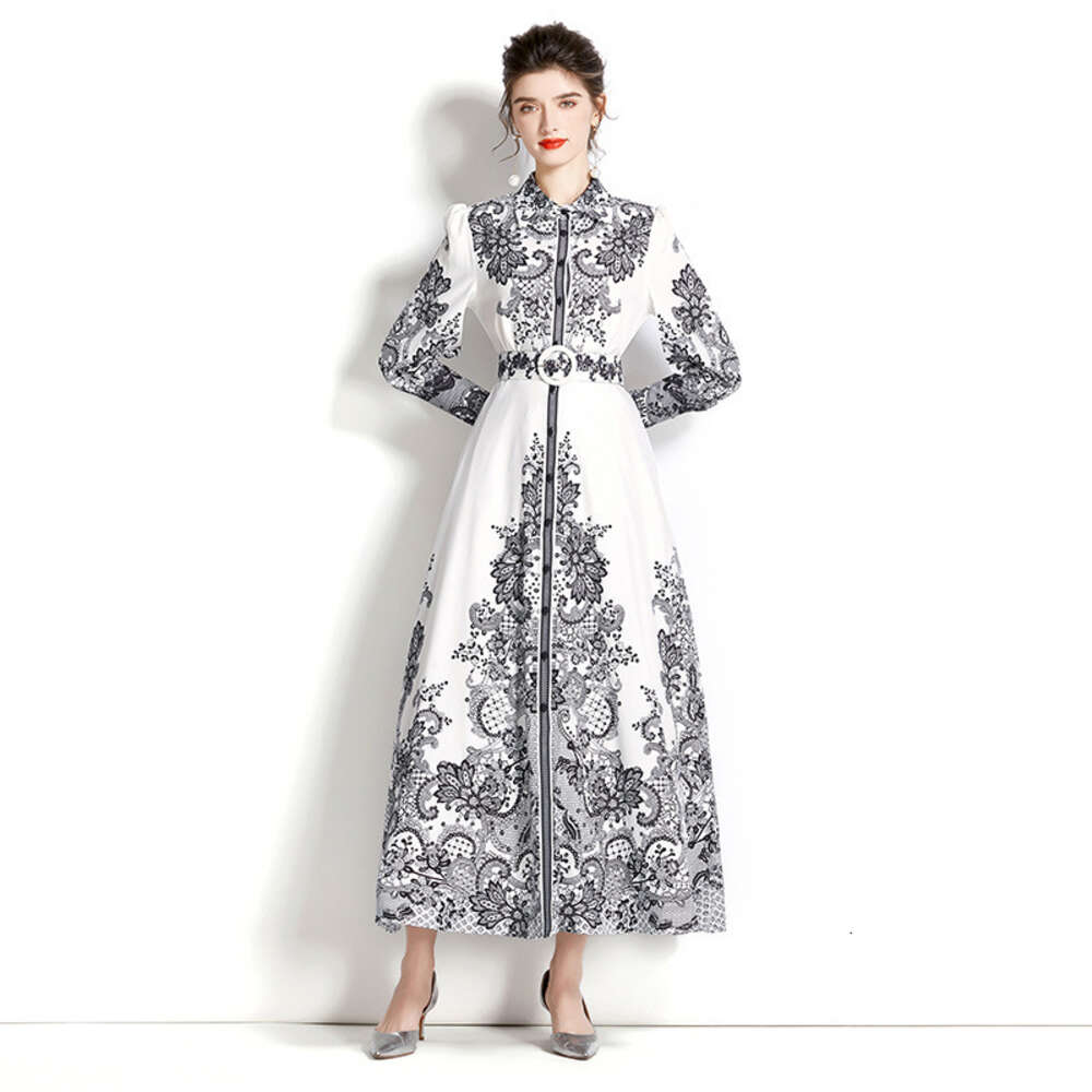 Spring and Autumn Long Sleeved Palace Single Door Lapel Lantern Sleeve Printed Skirt Dress Style Sexy Temperament Bifurcated Waist Round Neck Dress La