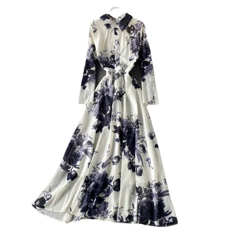 Gentle Style Large Swing Shirt Neck Dress Ink Painted Print Temperament Slim Fit Long Skirt Sexy Dress Loose Bifurcated Sexy SKINNY DRESS High Waist D