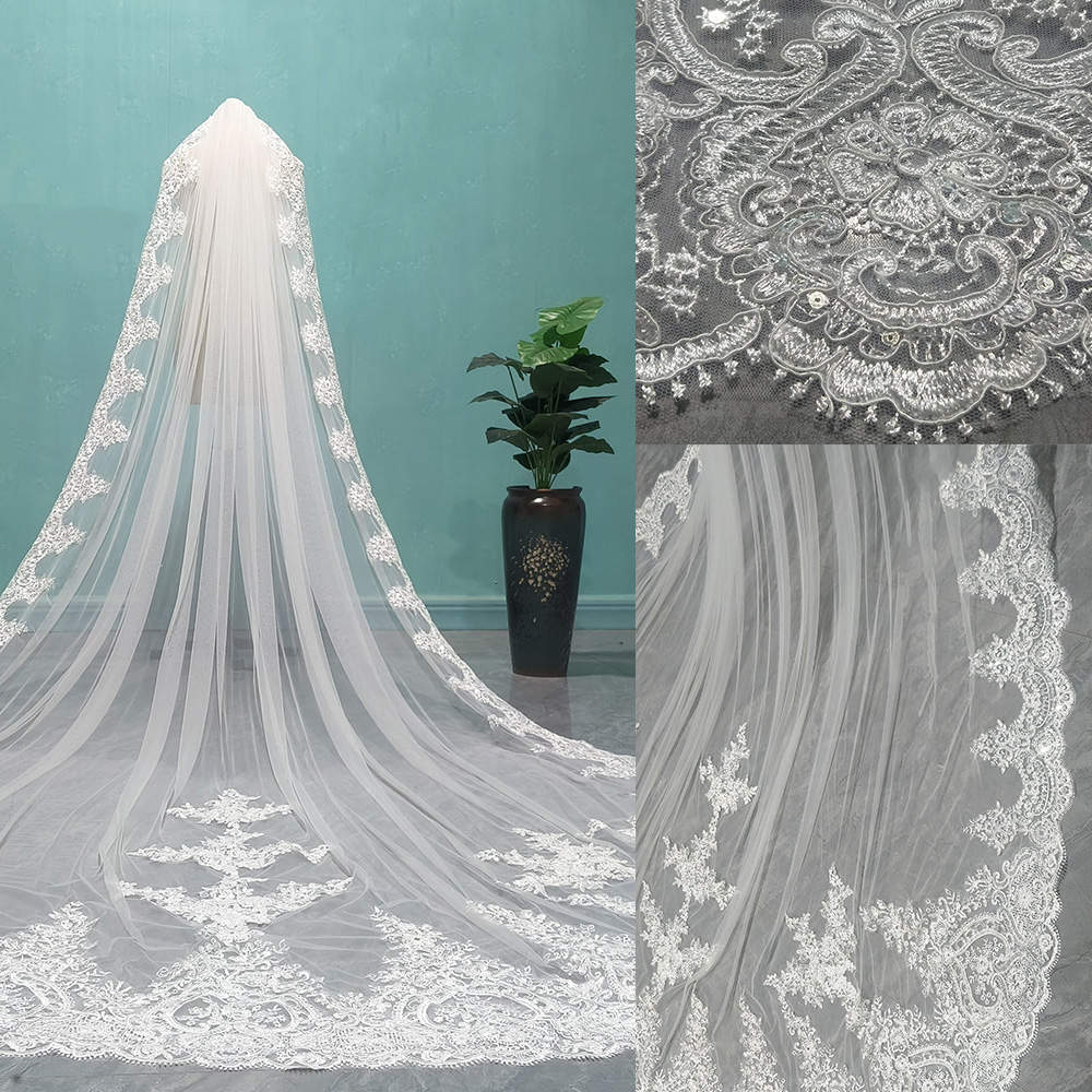 Gorgeous Wedding Veil Appliques Lace Embroidery Long Royal Bridal Veil Cathedral Special Cut with Comb Veil 3M White Ivory Wedding Accessories