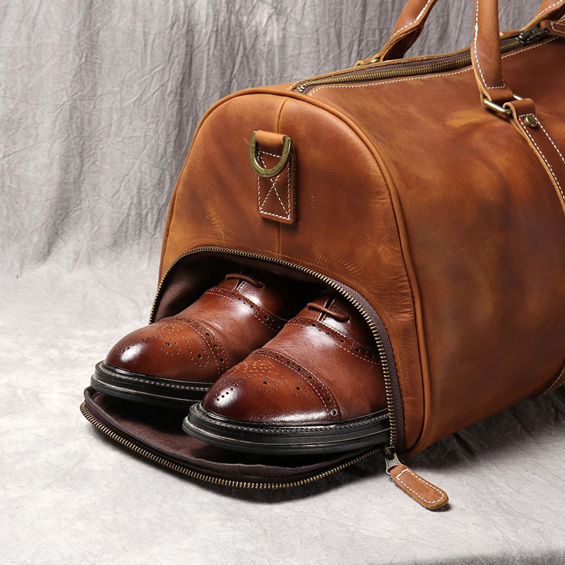 Free Shipping Mens Leather Travel Vintage Brown Cowhide Lage Man Carry On Handbag Weekender Duffle Bag With Shoe Compartment Designer Bag Luxury Bag T