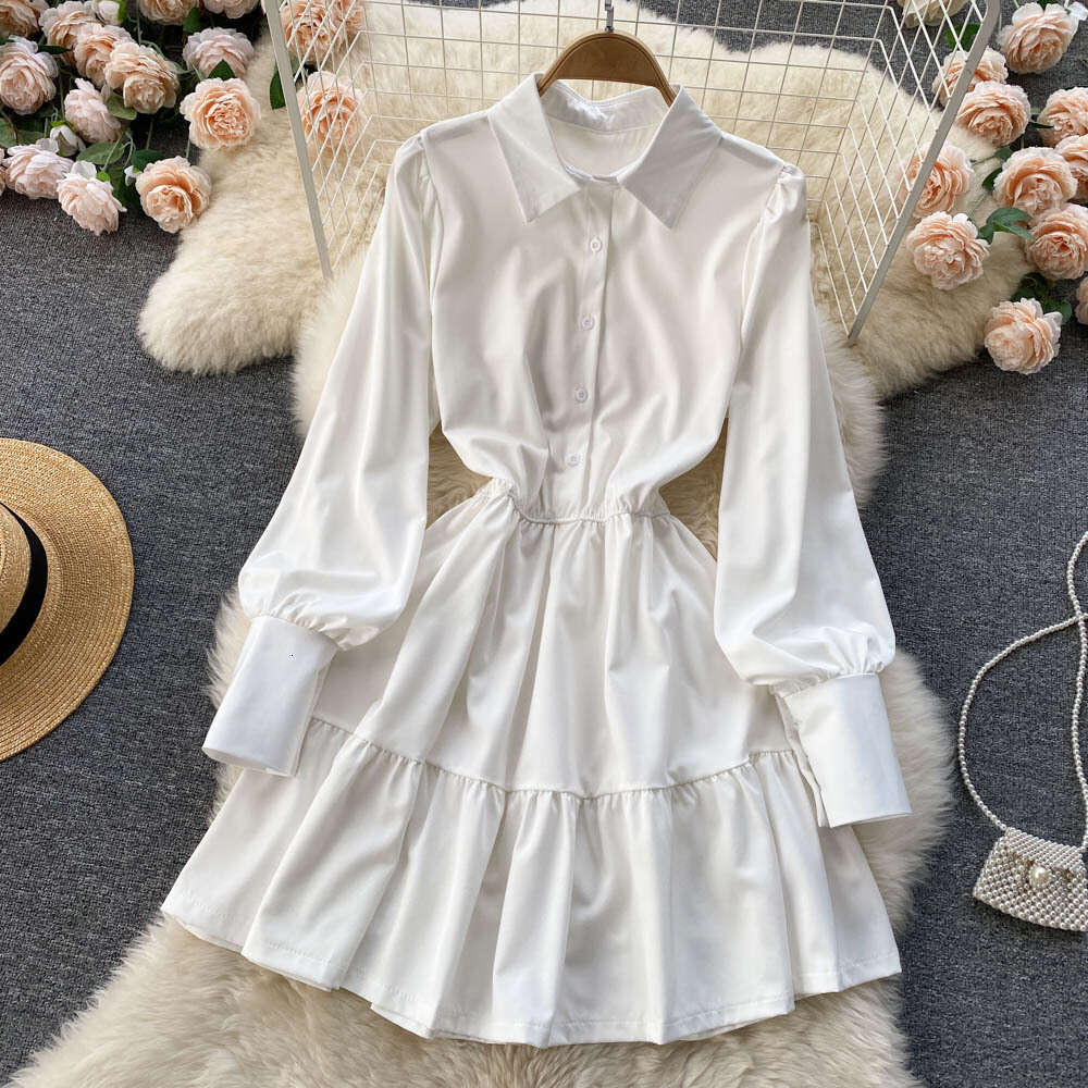 Solid Color, Simple Bubble Sleeves, Temperament, Waist Cinching, Slimming Shirt Skirt, Small Stature, Fashionable and Stylish, Pleated Dress BOHO DRES