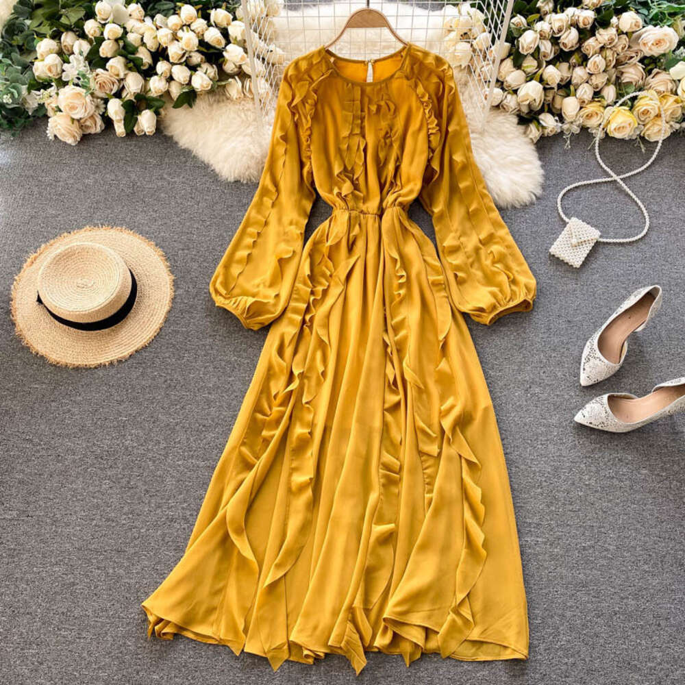 Fairy Gentle Style 2020 New Autumn/winter Design Sweet Auricular Edge Bubble Sleeves Holiday Long Dress Temperament Sexy Round Neck Dress Silk Dress