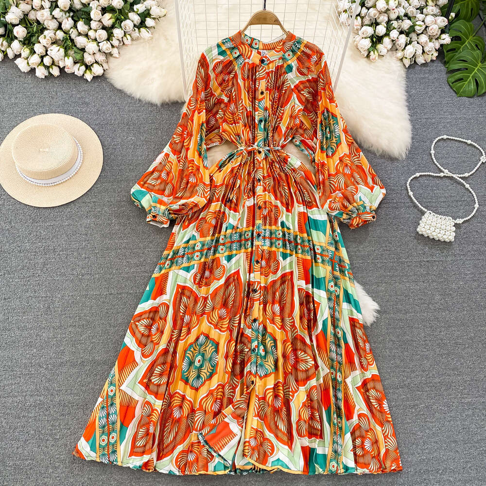 High End Light Luxury Temperament Lantern Sleeved Round Neck with Waistband for Slimming Effect, Single Breasted Printed Dress, Elegant Long Skirt
