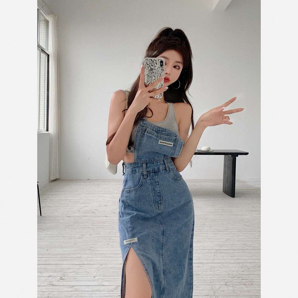 Fashion Spicy Girl Ins Trendy Label Shoulder Strap with Split Hong Kong Style Fringed Denim Skirt Fishtail Dress Temperament Self-cultivation Lace Dre