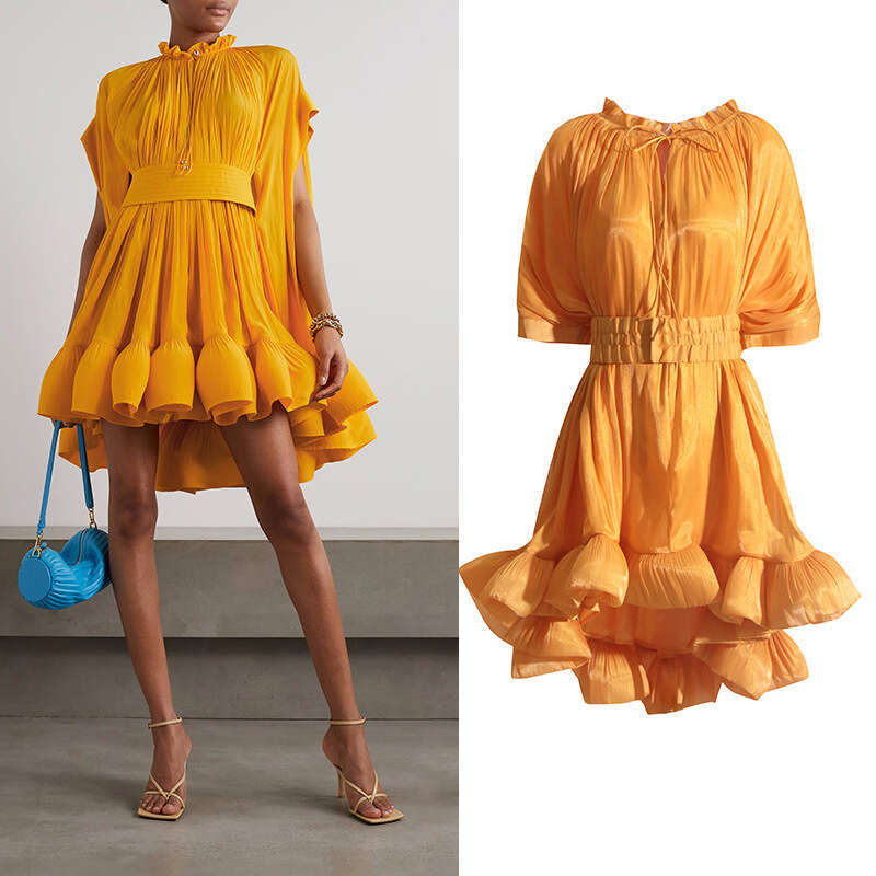 French Celebrity Party 2023 Summer Round Neck Wooden Ear Strap Design with Waist Closure Cape Dress Chiffon Floral Dress Temperament Sexy Novelty Silk