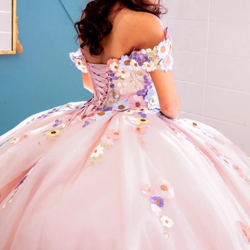 Sparkly Pink Quinceanera Dresses XV Ball Gown Lace Applique Flower Off the Shoulder Princess Sweet 16 Dress Birthday Party Vesti