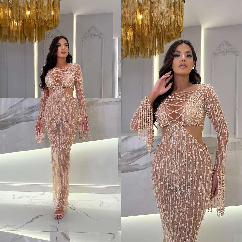 Royal Pearls Champagne Evening Dress Mermaid Long Sleeves Prom Gowns Beaded Sequined Party Dresses Custom Made Lz0304