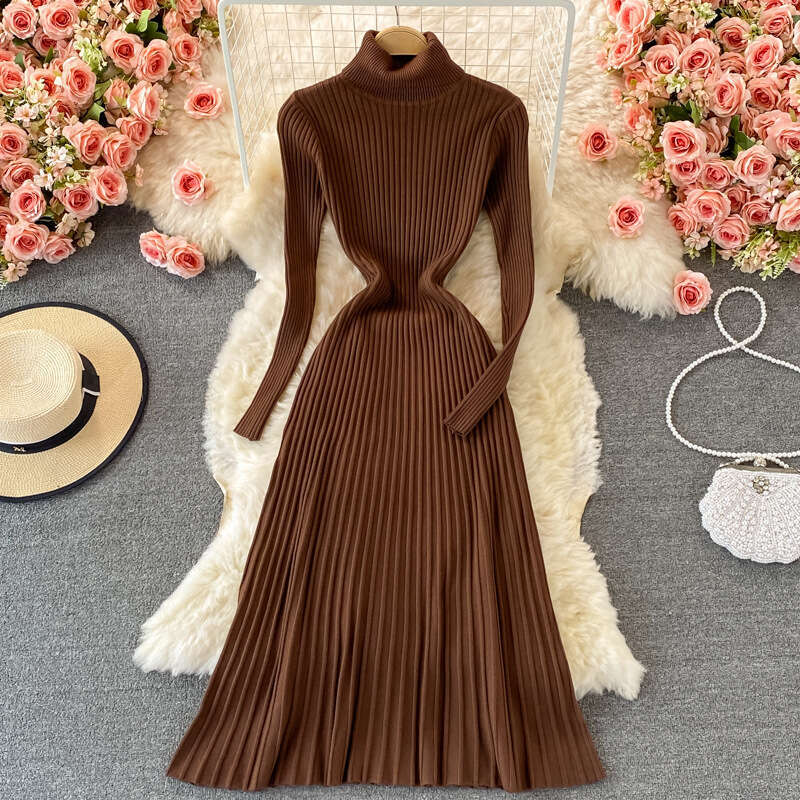 Underlay Coat with Pleated Long Fit and Slim Fit, Half High Collar, Knee Length Sweater Skirt, Knitted Dress Short Self-cultivation BOHO DRESS