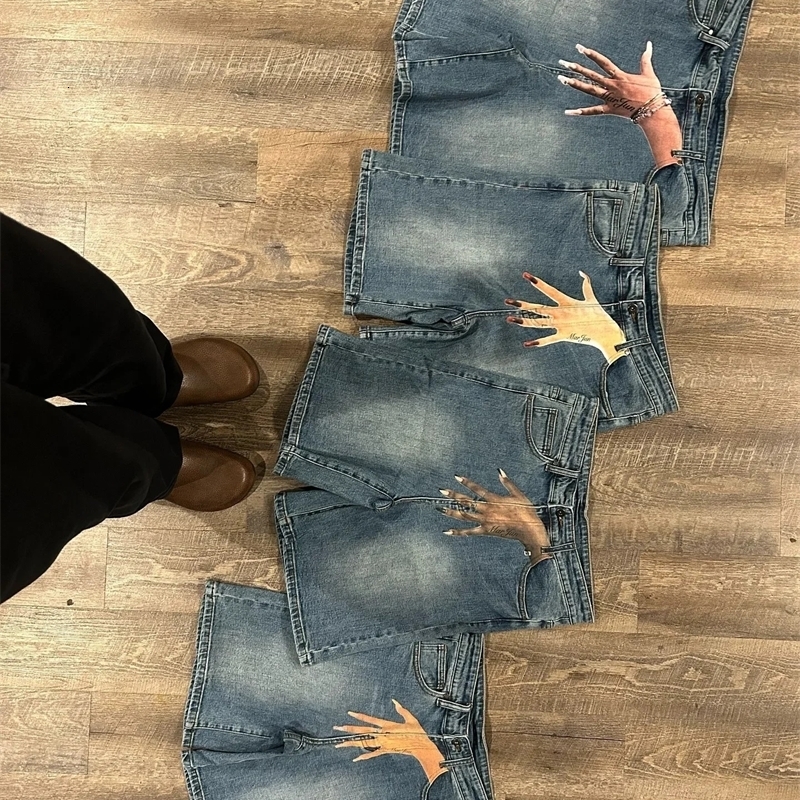 Harajuku Hip Hop Blue Baggy Hand Print Short 2024 Streetwear Y2K jeans Gothic Sweatpants Denim Clothing 240702