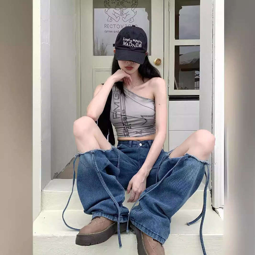 Broken Hole Heart-shaped Strap Jeans for Women in Early Spring, High Waist Design, Loose Straight Wide Leg Pants Gold Velvet Pants Waterproof Trousers