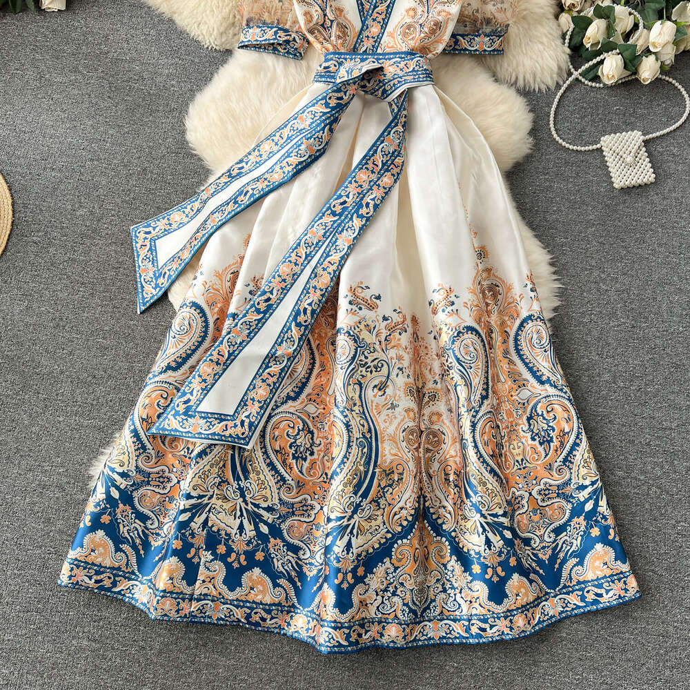 Palace with A High-end Feel, Light Luxury, and Niche Print Strap, Slim Fit Long French Style Bubble Sleeve Dress Sexy Waist Round Neck Dress Denim Dre