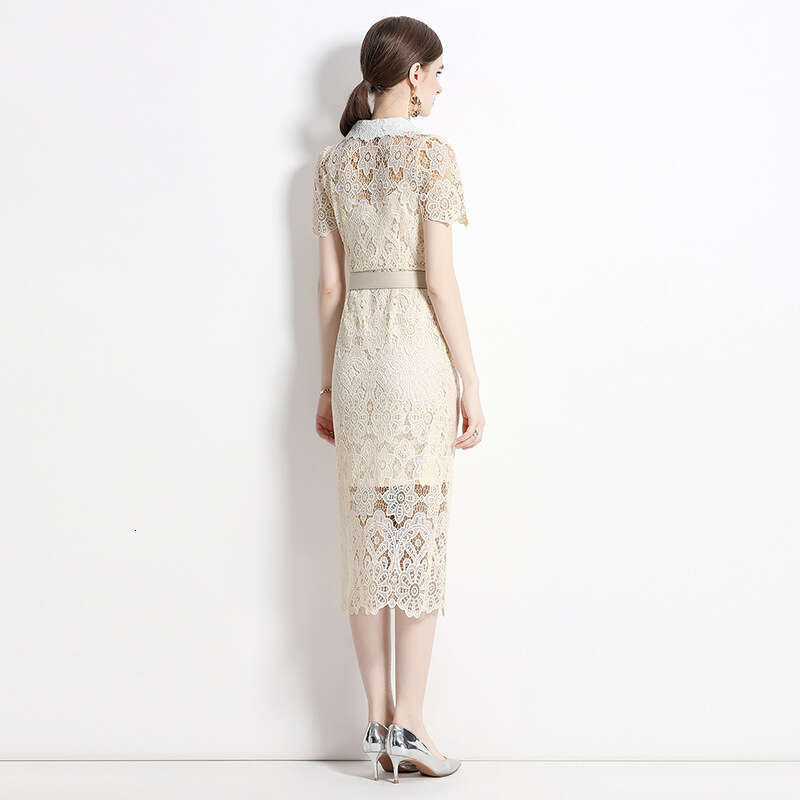 French Tea Break, Hepburn Style, Sexy and Scheming Doll Neck, Short Sleeved Lace Dress, Slim Fit, Medium Length, Buttocks Wrapped Skirt Lace Dress SKI