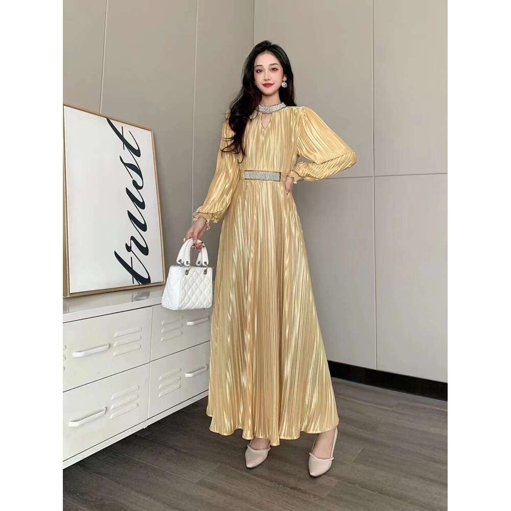 High End Luxury Socialite Round Necked Lantern Long Sleeved Waist Cinched Pleated Studded Bead Heavy Work High Show Slim Temperament Dress for Women L