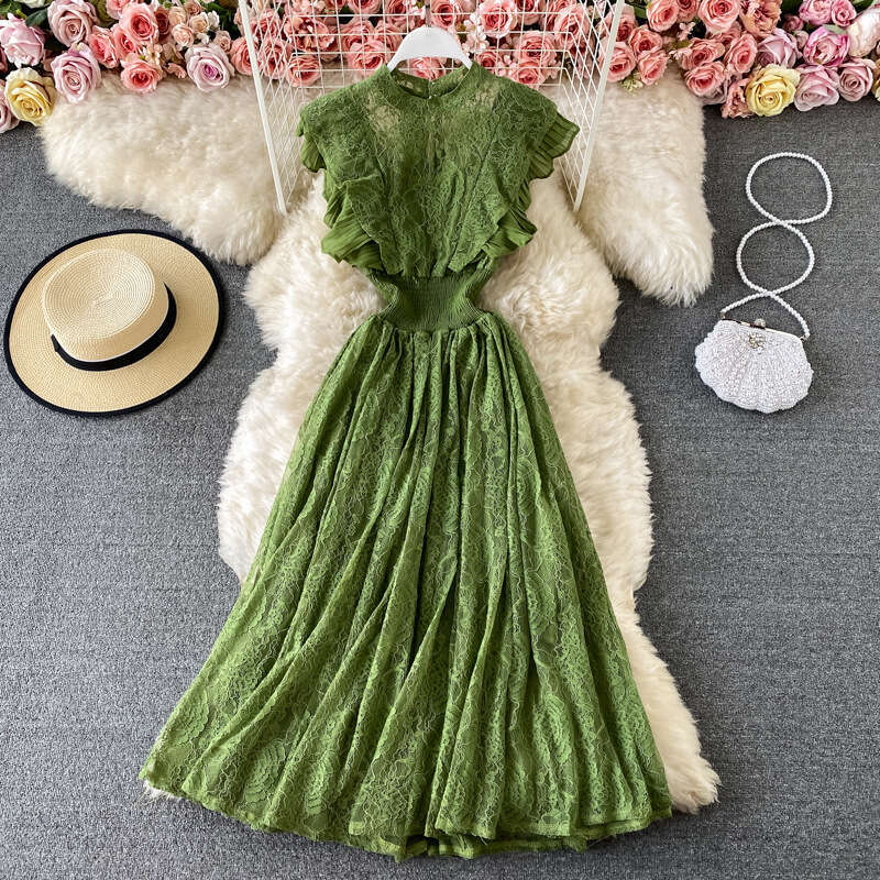 Spring Autumn Lace Round Neck Sleeves Fashionable Slimming and Elegant Ruffle Edge Long Skirt Dress Short Loose Temperament Bifurcated Silk Dress Deni