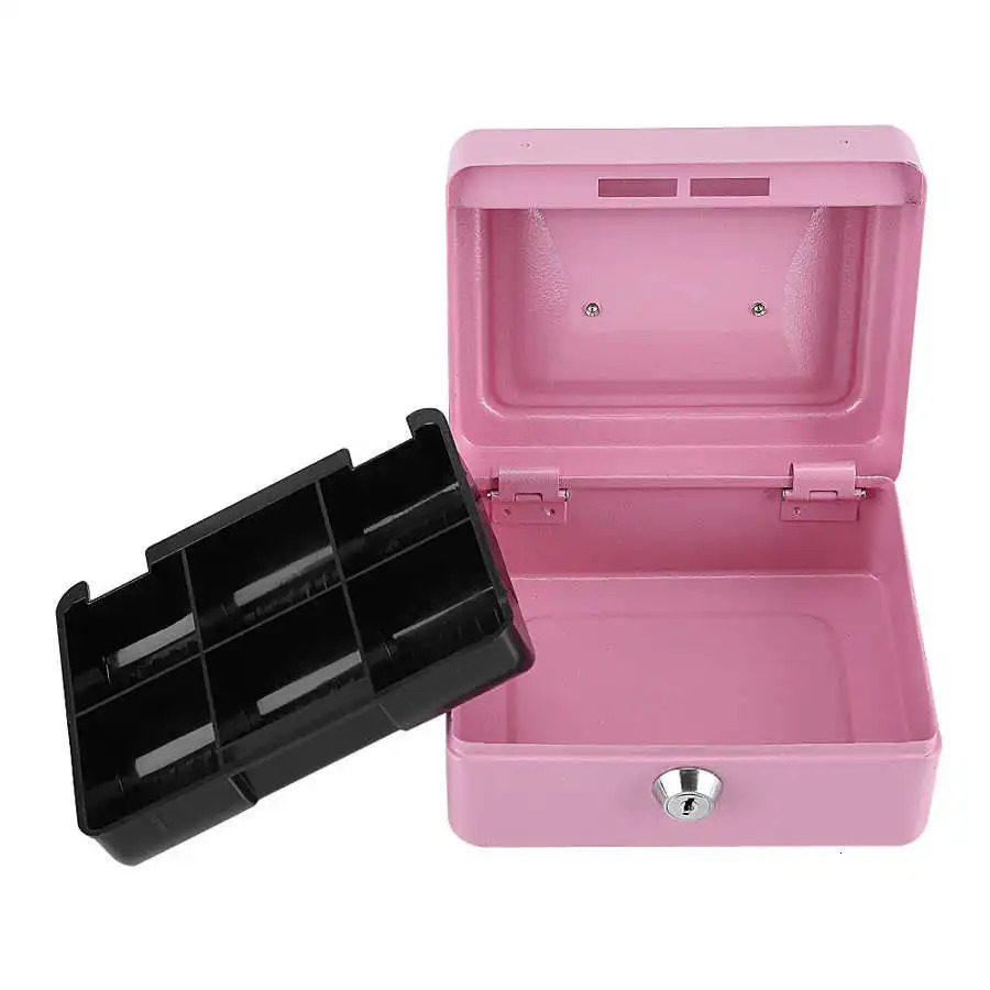 Roze Veilig Spaarpot Cash Register Insert Lade Kassier Lade Opslag Mini Draagbare Stalen Afsluitbare Cash Kluis Beveiliging Box 240715