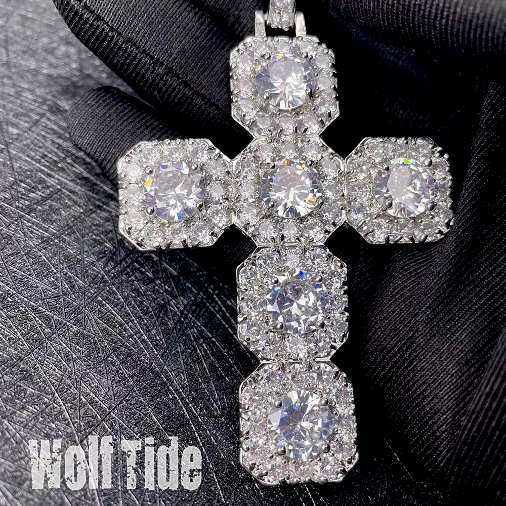 Clustered Cubic Zirconia Big Cross Pendant Necklace Real White Gold Plated Personalized Full Bling Diamond Charm Wolf Tide Hip Hop Rapper Jewelry Gift