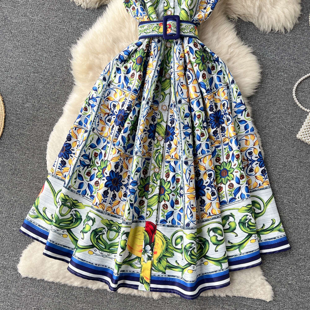 New Palace Style Sleeveless Lapel for Spring Summer, Slim Waist and Stylish Printed Mid Length Dress, Trendy Short Self-cultivation Temperament Silk D