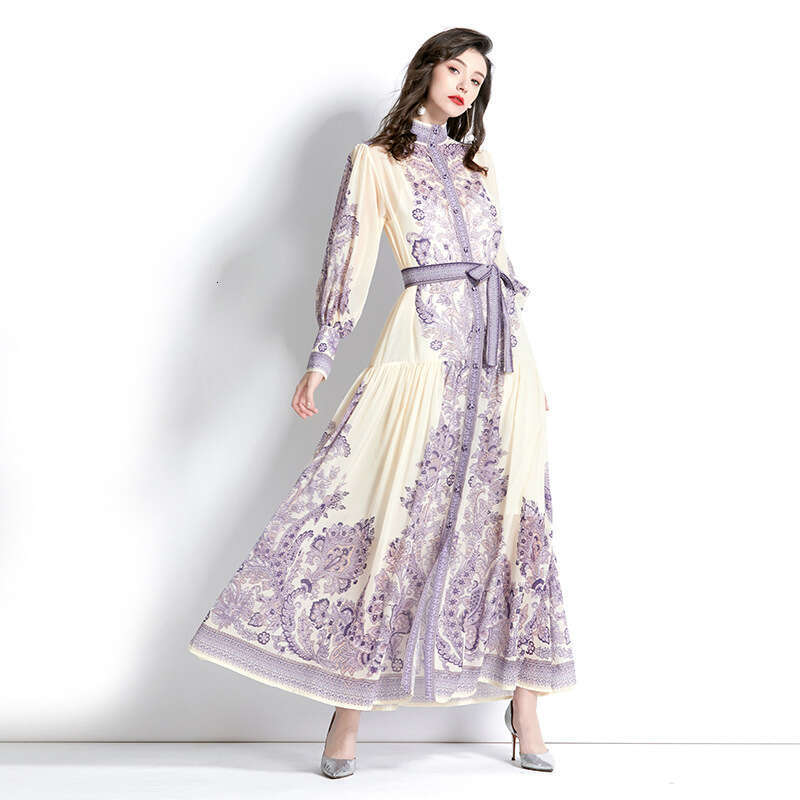 2023 Spring Long Sleeved Vacation Style Stand Up Neck Lantern Sleeves Wave Edge Printed Temperament Dress Loose Pregnant Womens Dress Round Neck Dress