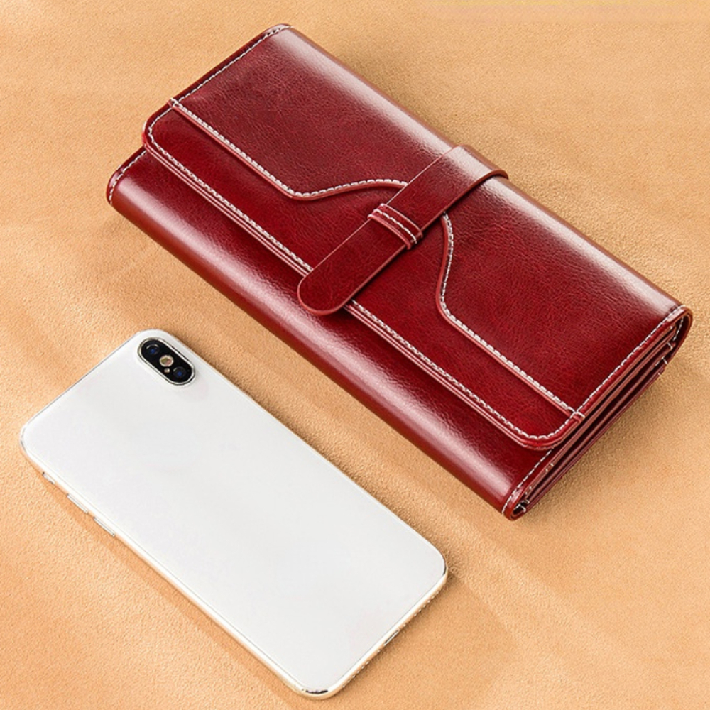 Vintage Style Large Capacity Genuine Leather Wallet for Women, Retro Oil Wax Cowhide Design