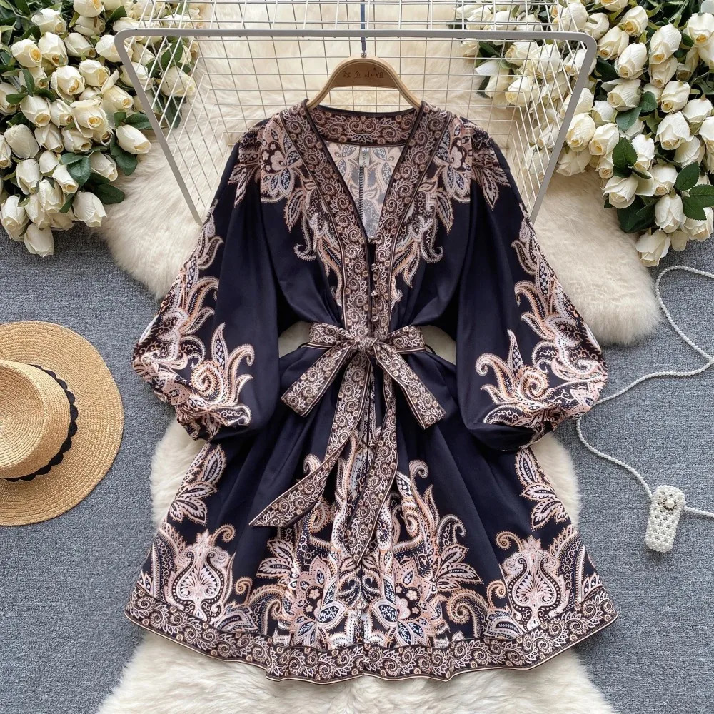 Vintage Print Elegant Puff Sleeve Aline Vneck Mini Dress Casual Women Fashion Autumn Spring 240715