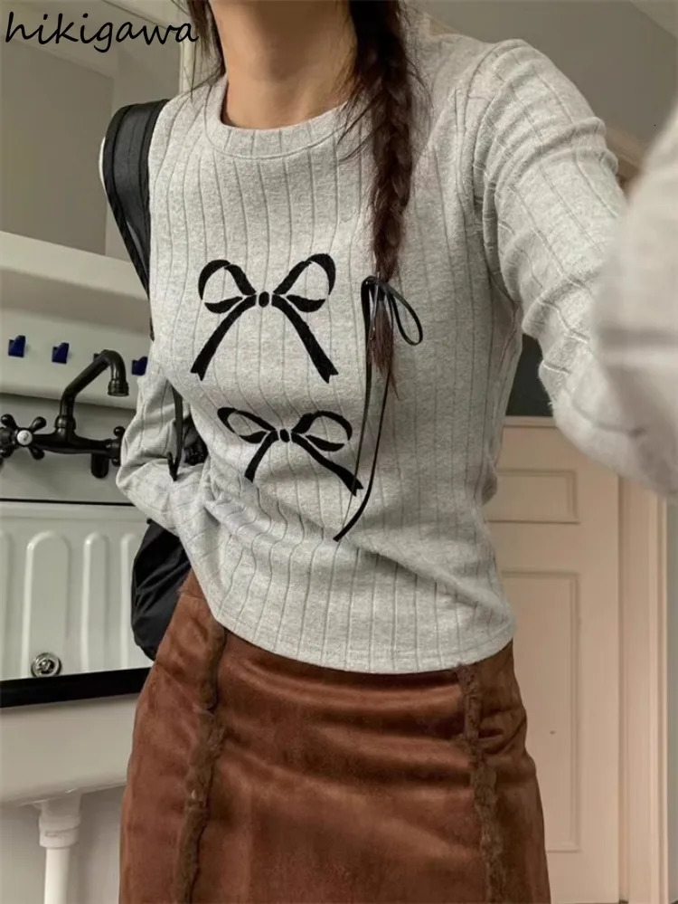 Simple Fashion Tshirts for Women Bow Print Casual Tees Ropa Mujer Long Sleeve O-neck Crop Tops Temperament Ladies T Shirts 240715