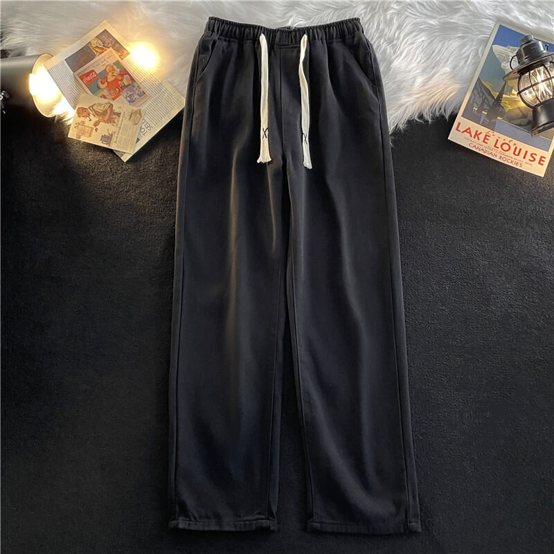 Denim Men's Winter Baggy Straight Trousers High Street Ulzzang Handsome Elastic Waist Pure Color American Loose Pants