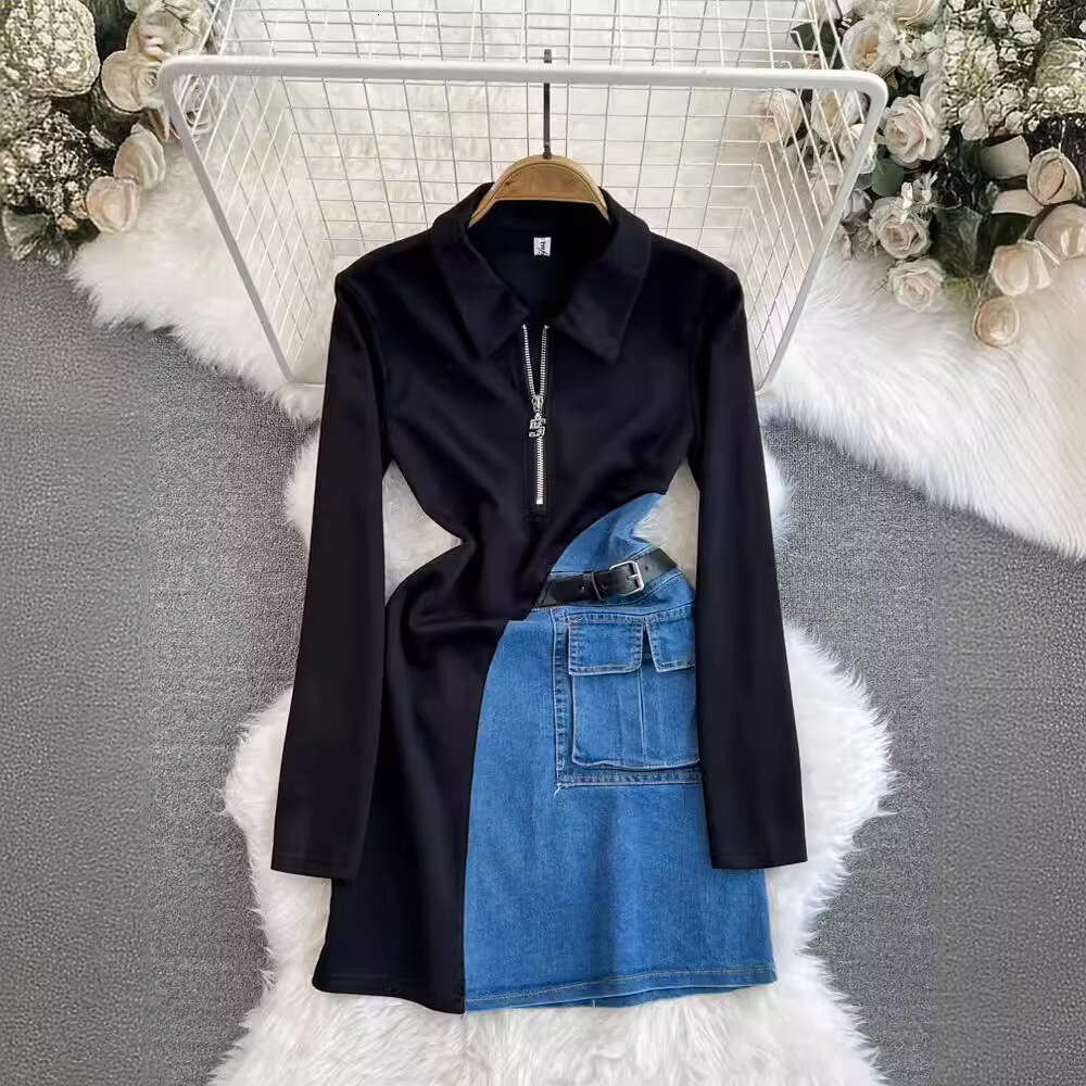 2024 Spring Womens Fashion Design Sensation Contrast Color Splicing, Small and Slim Fit Short Denim Wrap Hip Skirt Dress Temperament Loose BOHO DRESS