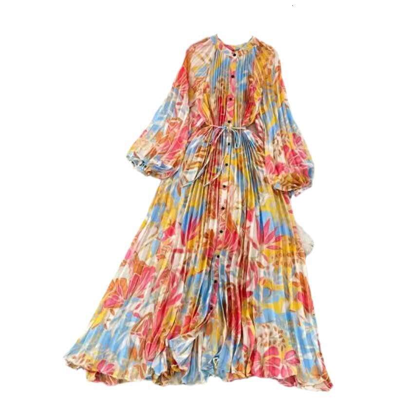 High End, Light Luxury, and Lantern Sleeved Round Neck with A Waistband That Looks Slim, Single Breasted Printed Dress, Elegant Long Skirt High Waist 