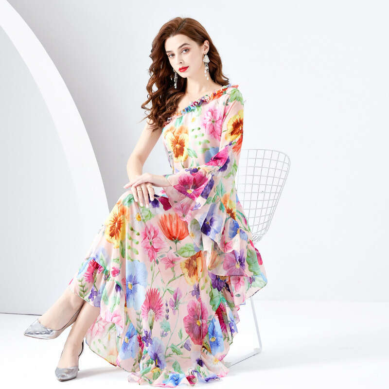 Spring/summer 2024- Vacation Style One Shoulder Wooden Ear Strap Long Wide Swing Printed Dress Bifurcated Sexy Self-cultivation Round Neck Dress Lace 