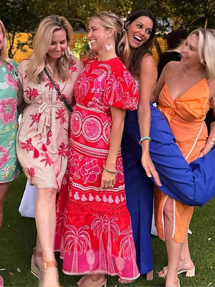 Fashion Red Print Puff Sleeve Lace Up Women Dress Elegant Vintage Casual O Neck Dresses Summer Female Chic High Street Robe 240715