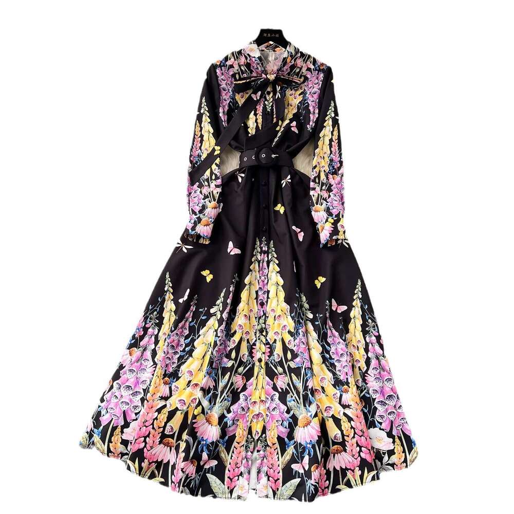 French Palace Style High End Celebrity Bow Neck Button Slim Fit Long Print Dress Long Summer Dress Short Novelty Temperament Loose Self-cultivation Si