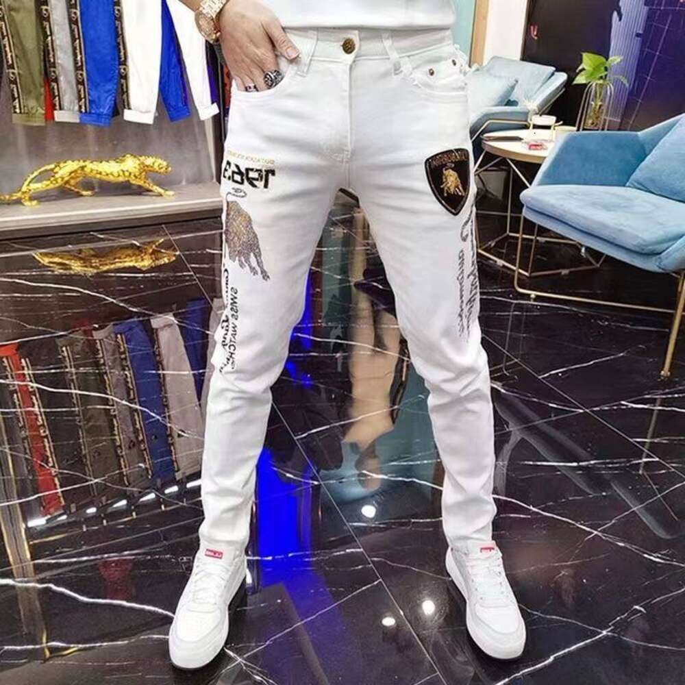 MIKEJIE Fashion 2023 Spring and Summer Tide Brand White Jeans Trend Taurus Hot Drill Embroidery Stretch Slim Men's Pants