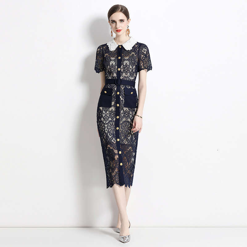 French Tea Break, Hepburn Style, Sexy and Scheming Doll Neck, Short Sleeved Lace Dress, Slim Fit, Medium Length, Buttocks Wrapped Skirt Lace Dress SKI