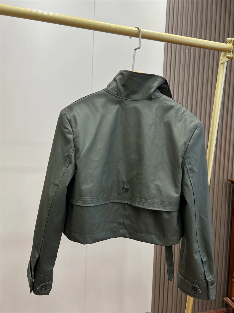 RARF autumn womens fashion pocket double breasted waxed leather short trench coat womens top coat 240716