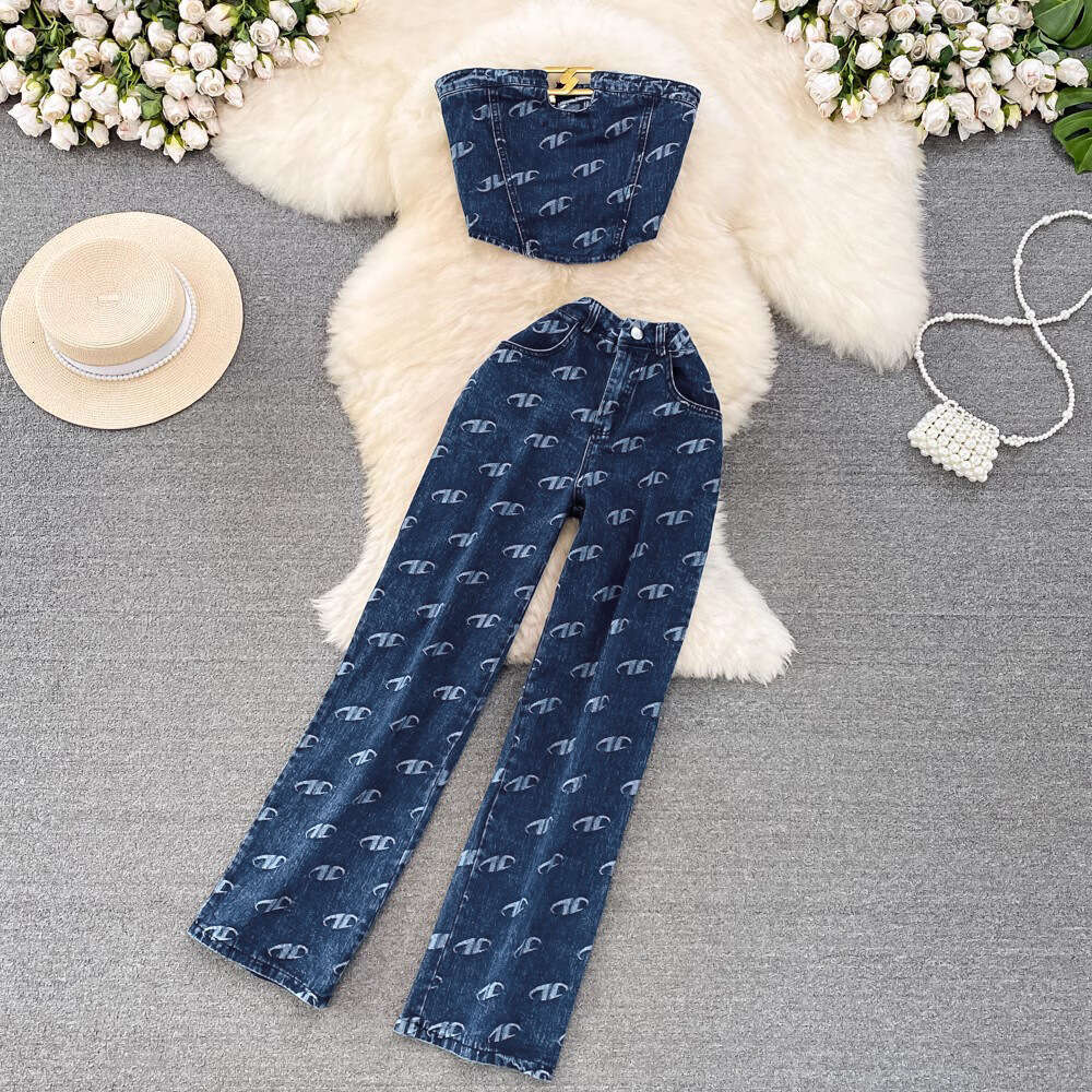 Fashion Womens American Style, Strapless Denim Vest, Two-piece Set, Casual High Waisted Slim Straight Pants Bifurcated Waist Silk Dress Denim Dress