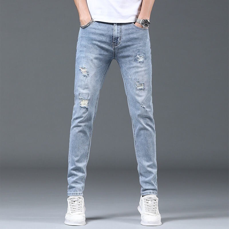 Designer Business Men's Denim Pants Summer Thin, Light Color Piercing Men's Jeans Slim Fit Korean Fashion Stretch Pants