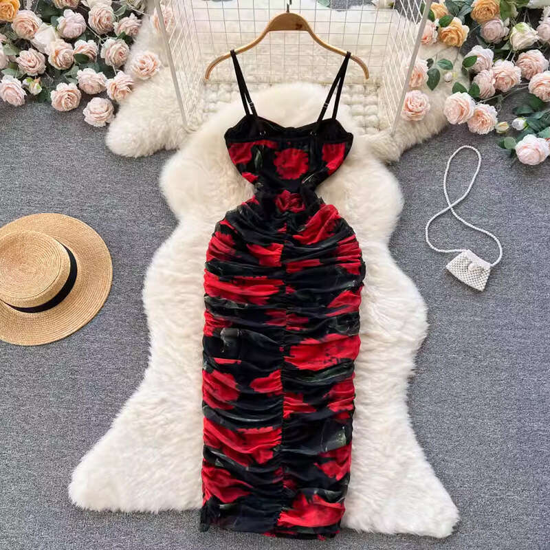 Summer Vacation Style Korean Chic Mesh Chiffon Printed Waistband French Long Dress Short Bifurcated Loose Novelty Self-cultivation SKINNY DRESS Oversi
