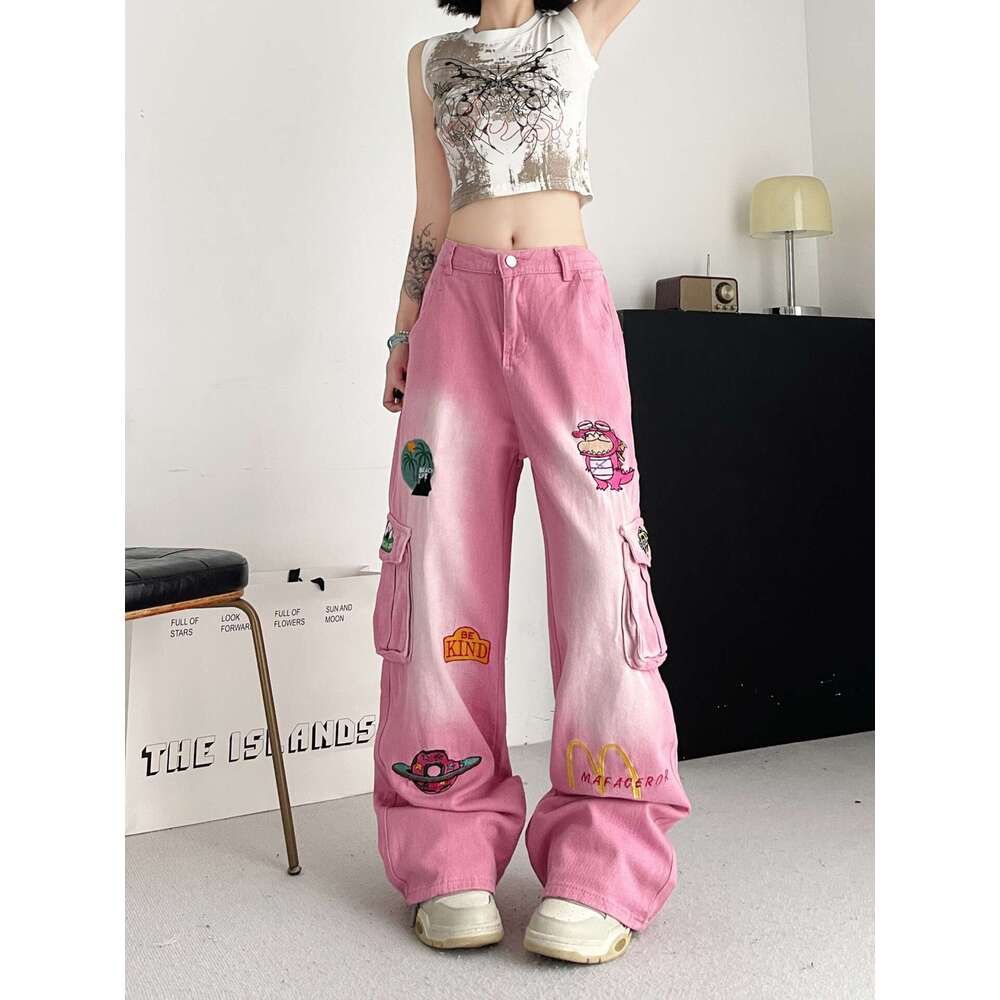 American Cartoon Embroidered Pink Workwear Jeans with High Street Design, Loose Straight Wide Leg Pants Sport Men Pants Cotton Gold Velvet Pants